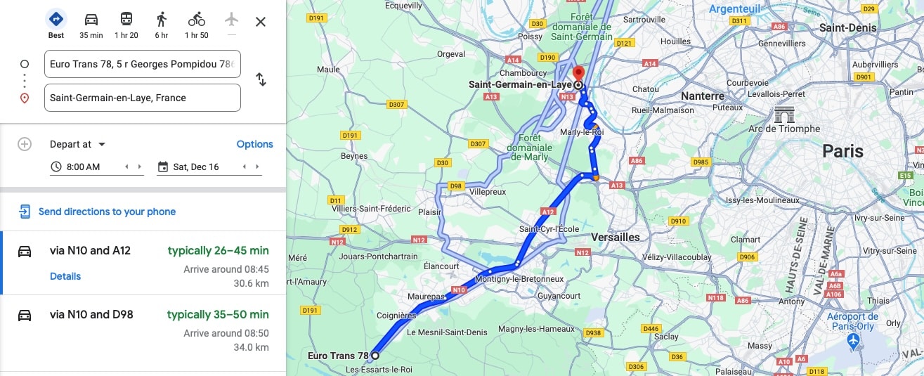 Trajet de chez Euro Trans 78 à Saint-Germain-en-Laye